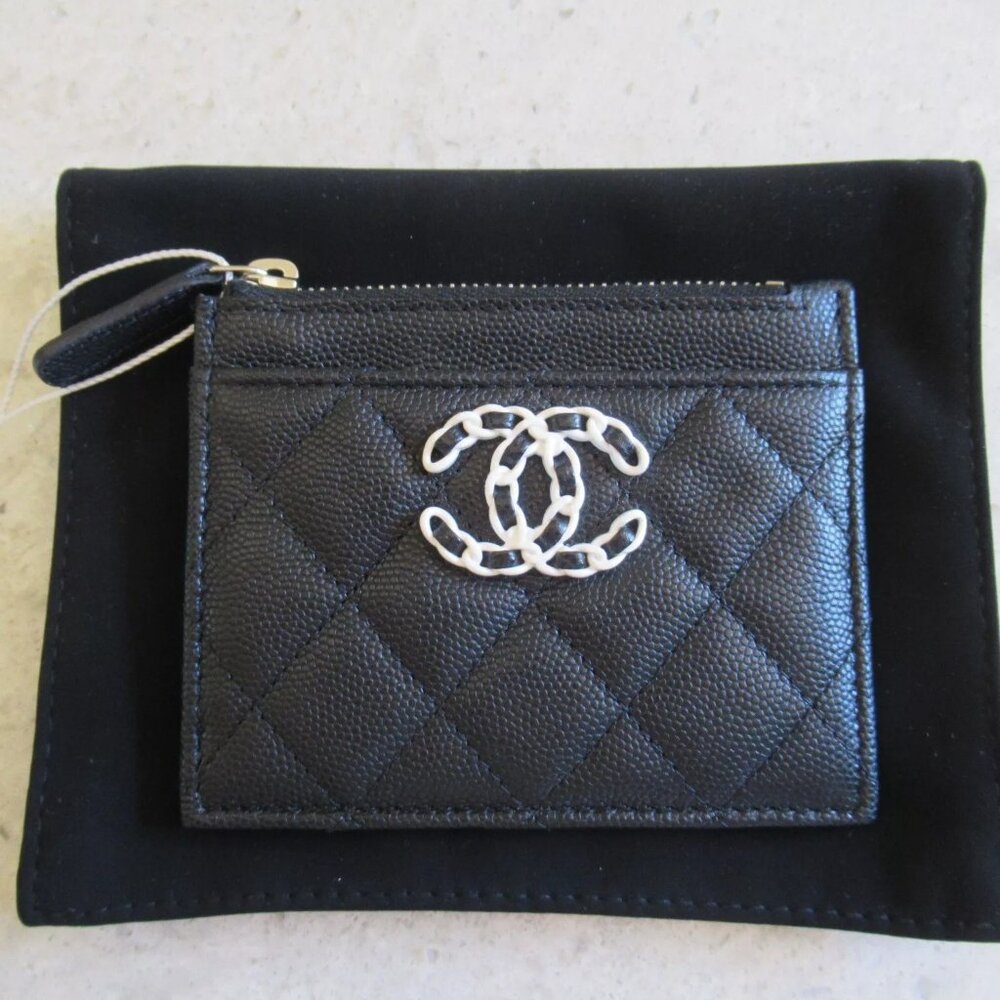 AUTHENTIC Chanel black Caviar Classic White Quilted Zip Coin Card Holder Wallet - Picture 7 of 16